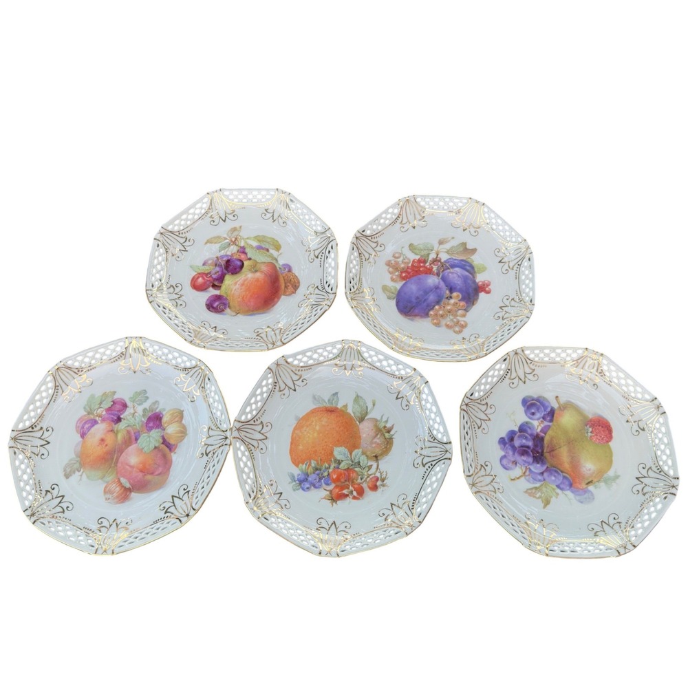 Schwarzenhammer Germany Reticulated Fruit Plates Set 5 Hand Painted Gold Vintage